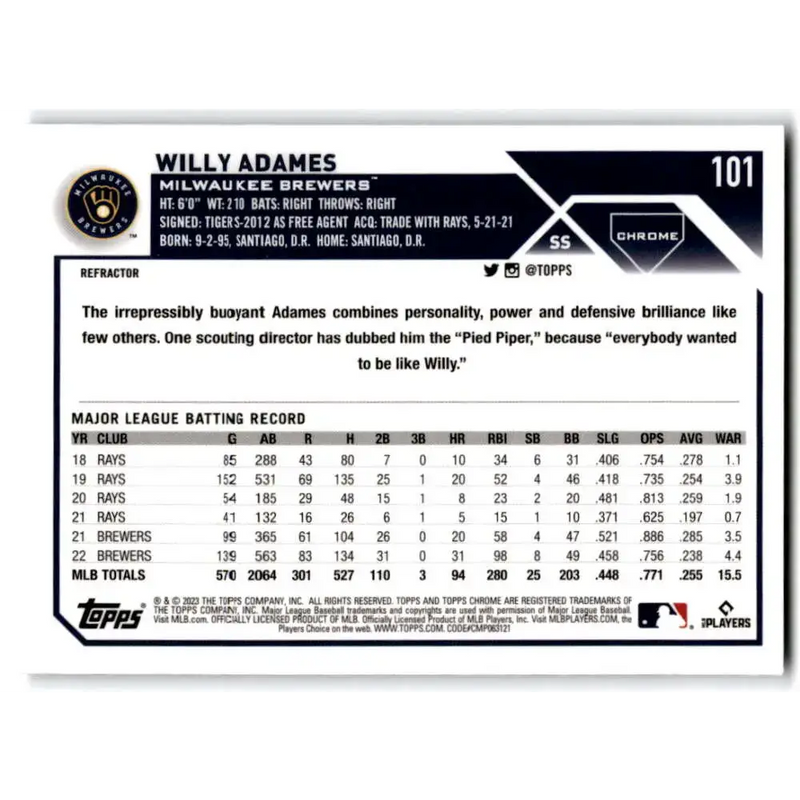 2023 Topps Chrome Refractor #101 Willy Adames NM-MT Milwaukee Brewers Baseball Card - Baseball Card Single