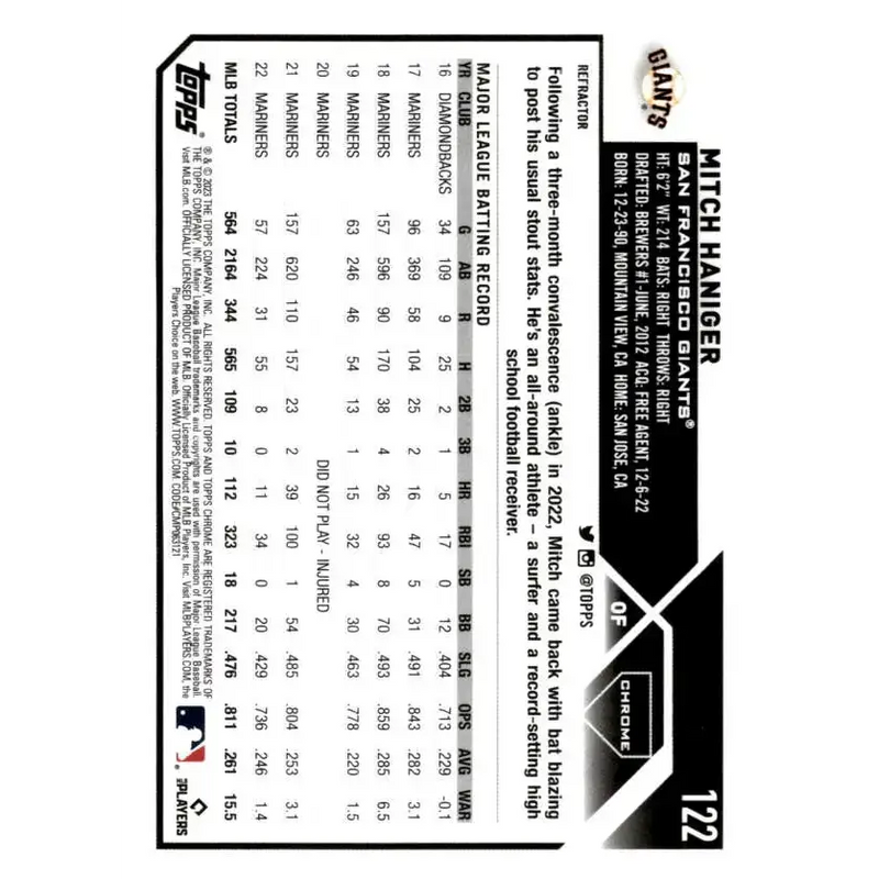 2023 Topps Chrome Refractor #122 Mitch Haniger NM-MT San Francisco Giants Baseball Card - Baseball Card Single