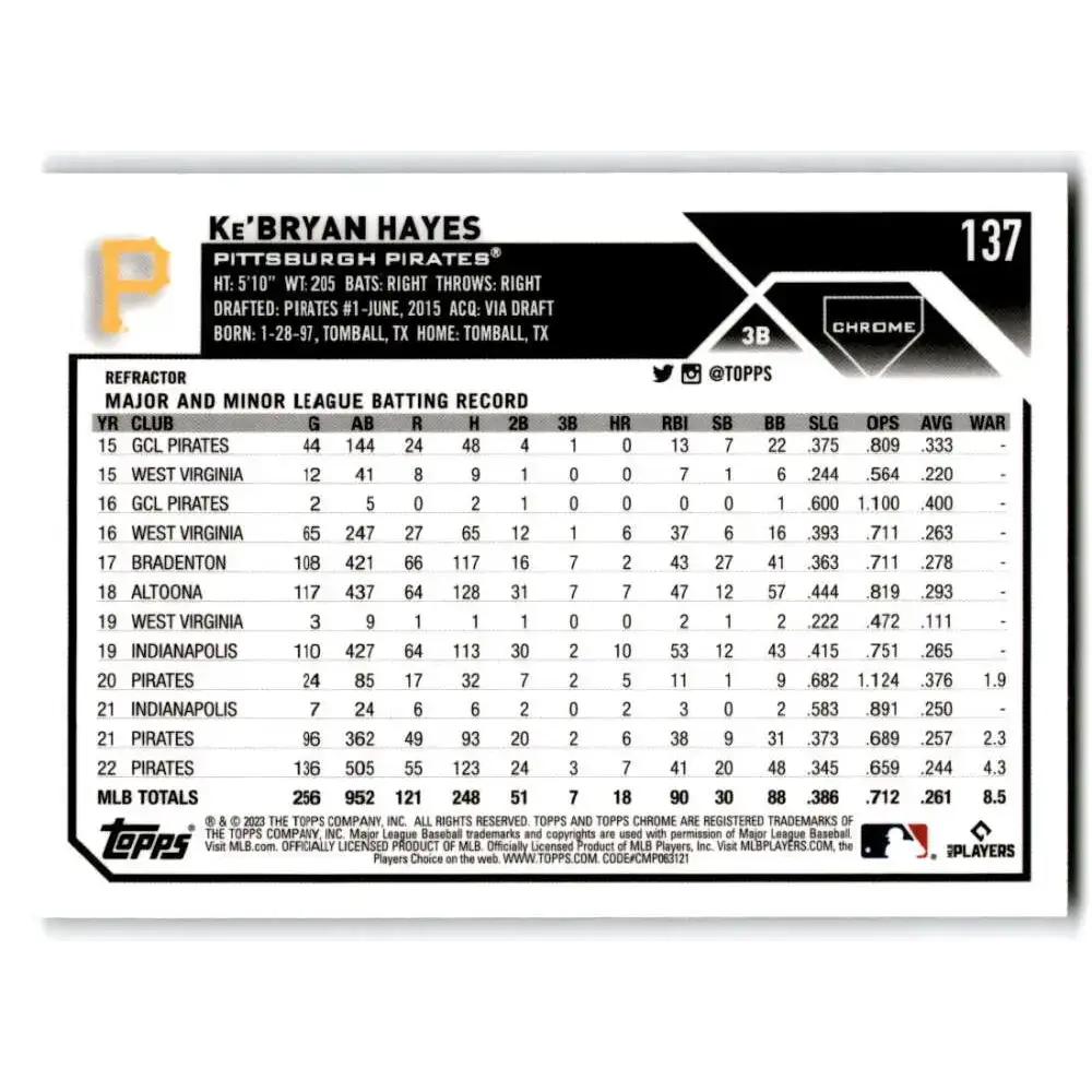 2023 Topps Chrome Refractor #137 Ke’Bryan Hayes NM-MT Pittsburgh Pirates Baseball Card - Baseball Card Single