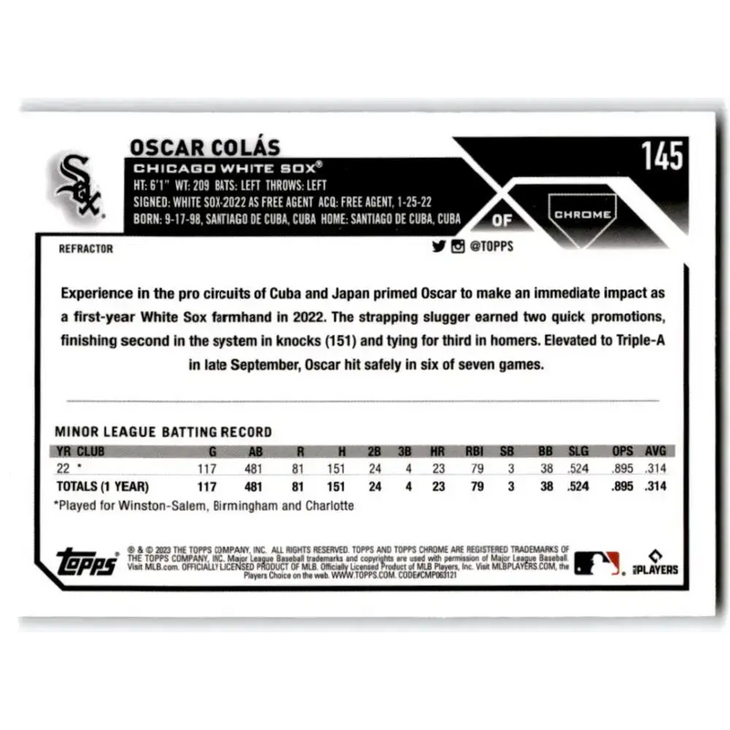 2023 Topps Chrome Refractor #145 Oscar Colas NM-MT RC Rookie Chicago White Sox Baseball Card - Baseball Card Single