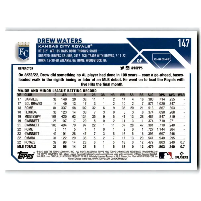 2023 Topps Chrome Refractor #147 Drew Waters NM-MT RC Rookie Kansas City Royals Baseball Card - Baseball Card Single