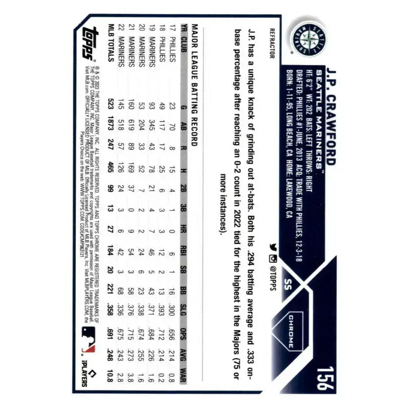 2023 Topps Chrome Refractor #156 J.P. Crawford NM-MT Seattle Mariners Baseball Card - Baseball Card Single