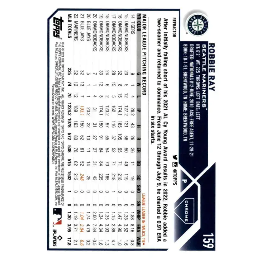 2023 Topps Chrome Refractor #159 Robbie Ray NM-MT Seattle Mariners Baseball Card - Baseball Card Single