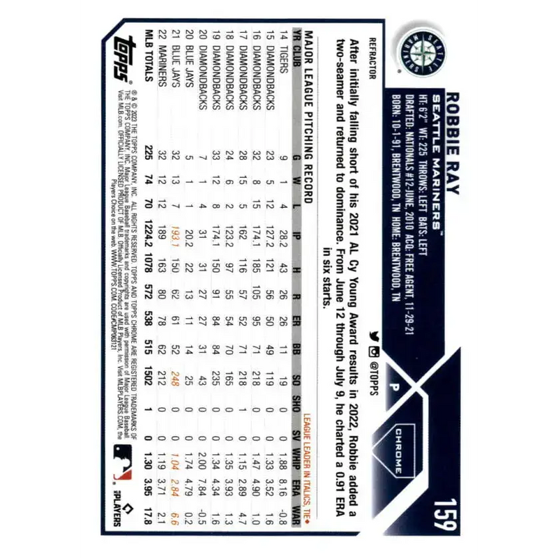 2023 Topps Chrome Refractor #159 Robbie Ray NM-MT Seattle Mariners Baseball Card - Baseball Card Single