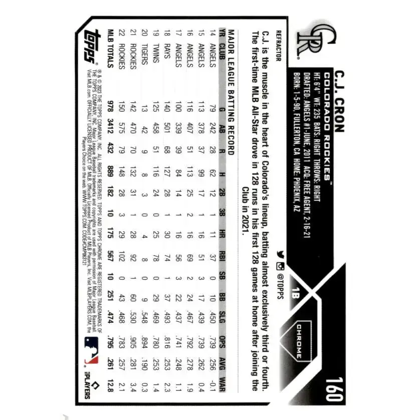2023 Topps Chrome Refractor #160 C.J. Cron NM-MT Colorado Rockies Baseball Card - Baseball Card Single