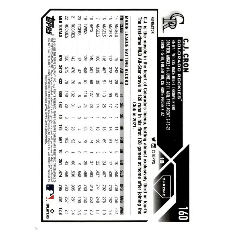 2023 Topps Chrome Refractor #160 C.J. Cron NM-MT Colorado Rockies Baseball Card - Baseball Card Single