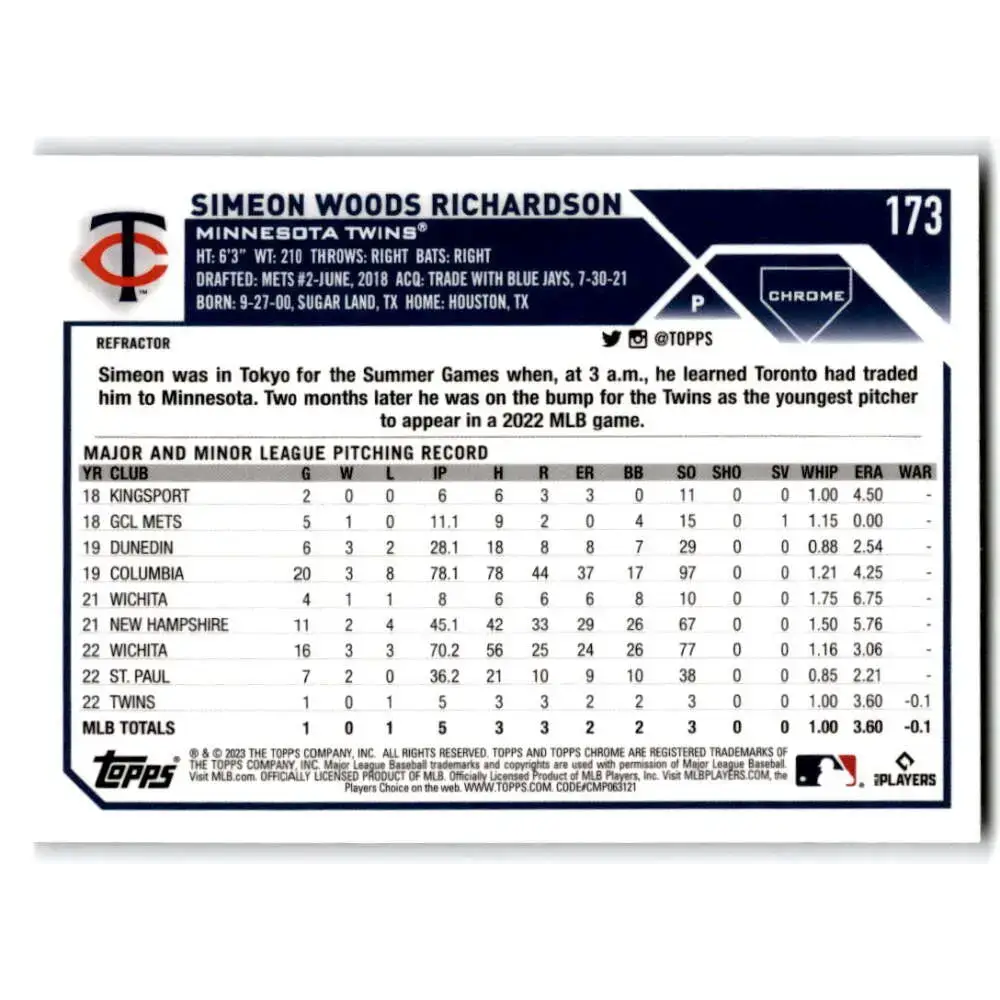 2023 Topps Chrome Refractor #173 Simeon Woods Richardson NM-MT RC Rookie Minnesota Twins Baseball Card - Baseball Card
