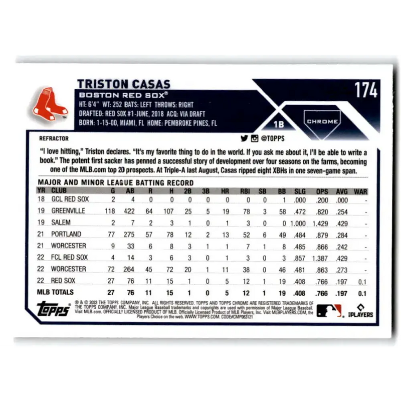 2023 Topps Chrome Refractor #174 Triston Casas NM-MT RC Rookie Boston Red Sox Baseball Card - Baseball Card Single