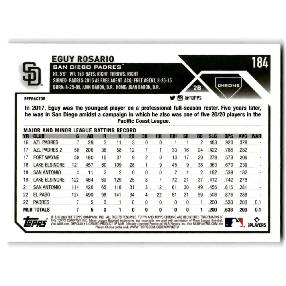 2023 Topps Chrome Refractor #184 Eguy Rosario NM-MT RC Rookie San Diego Padres Baseball Card - Baseball Card Single