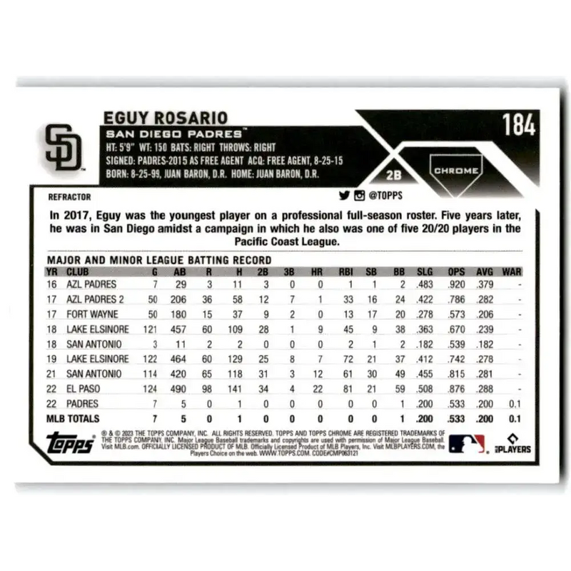 2023 Topps Chrome Refractor #184 Eguy Rosario NM-MT RC Rookie San Diego Padres Baseball Card - Baseball Card Single