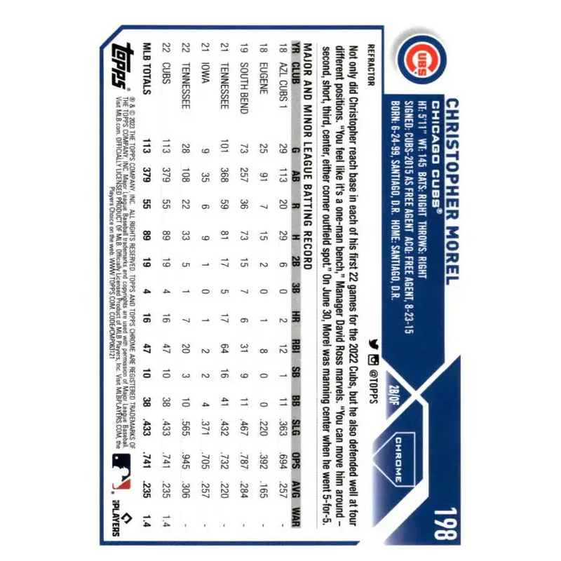 2023 Topps Chrome Refractor #198 Christopher Morel NM-MT RC Rookie Chicago Cubs Baseball Card - Baseball Card Single