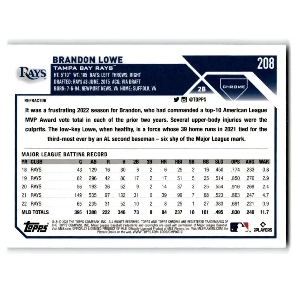2023 Topps Chrome Refractor #208 Brandon Lowe NM-MT Tampa Bay Rays Baseball Card - Baseball Card Single