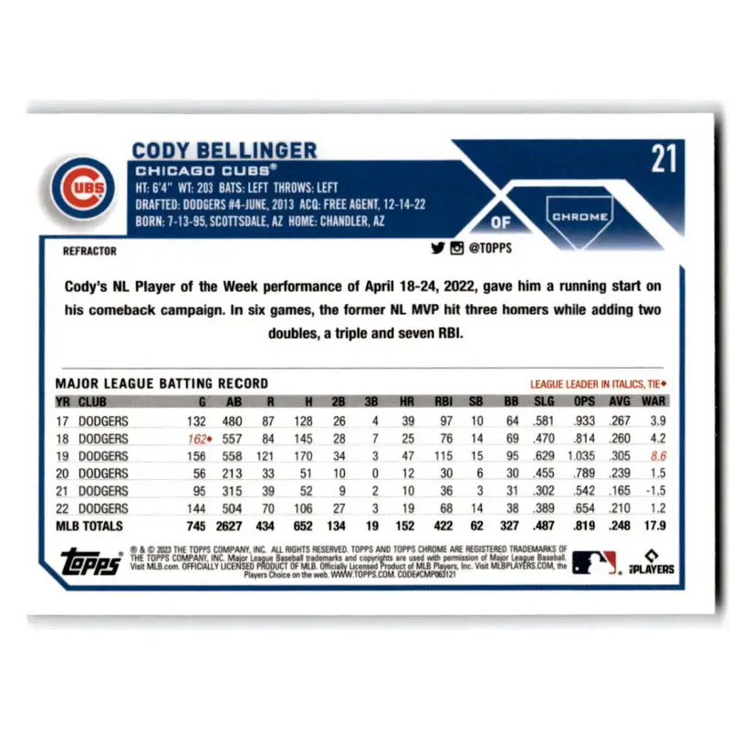 2023 Topps Chrome Refractor #21 Cody Bellinger NM-MT Chicago Cubs Baseball Card - Baseball Card Single