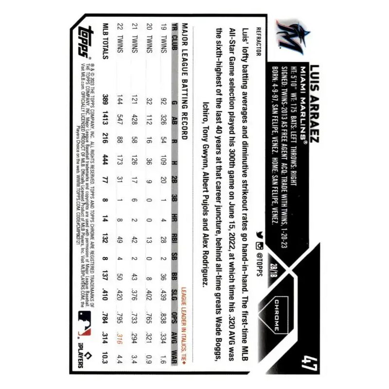 2023 Topps Chrome Refractor #47 Luis Arraez NM-MT Miami Marlins Baseball Card - Baseball Card Single