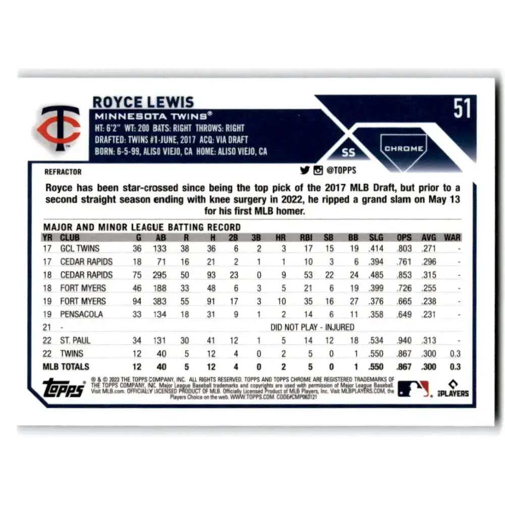 2023 Topps Chrome Refractor #51 Royce Lewis NM-MT Minnesota Twins Baseball Card - Baseball Card Single