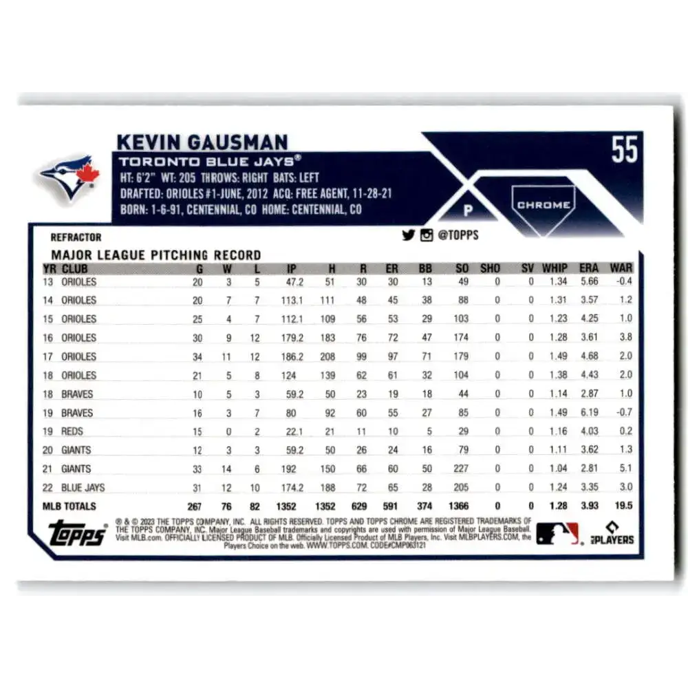 2023 Topps Chrome Refractor #55 Kevin Gausman NM-MT Toronto Blue Jays Baseball Card - Baseball Card Single