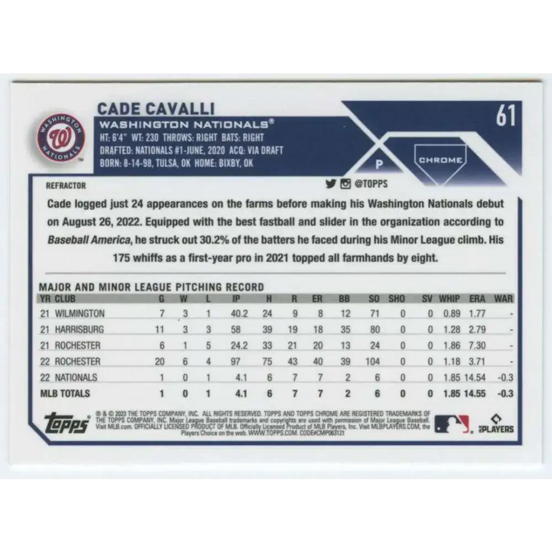 2023 Topps Chrome Refractor #61 Cade Cavalli NM-MT RC Rookie Washington Nationals Baseball Card - Baseball Card Single