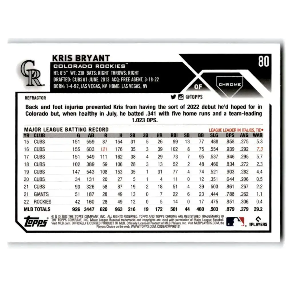 2023 Topps Chrome Refractor #80 Kris Bryant NM-MT Colorado Rockies Baseball Card - Baseball Card Single