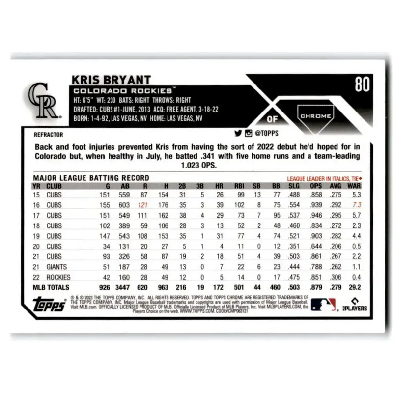 2023 Topps Chrome Refractor #80 Kris Bryant NM-MT Colorado Rockies Baseball Card - Baseball Card Single