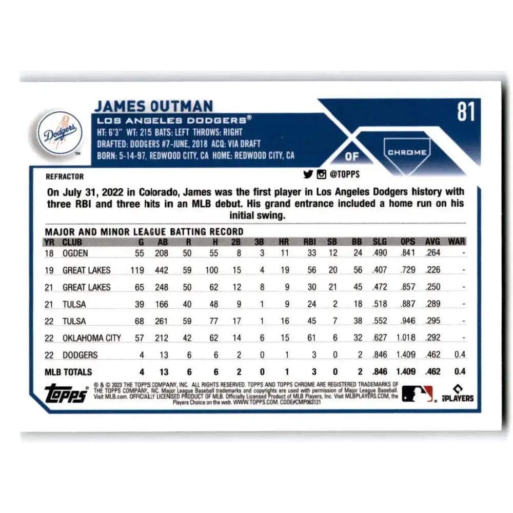 2023 Topps Chrome Refractor #81 James Outman NM-MT RC Rookie Los Angeles Dodgers Baseball Card - Baseball Card Single