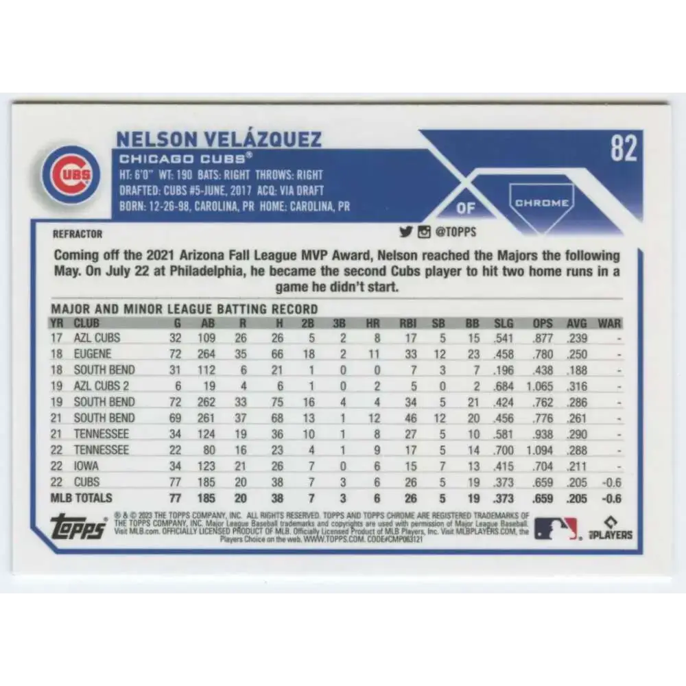 2023 Topps Chrome Refractor #82 Nelson Velazquez NM-MT RC Rookie Chicago Cubs Baseball Card - Baseball Card Single