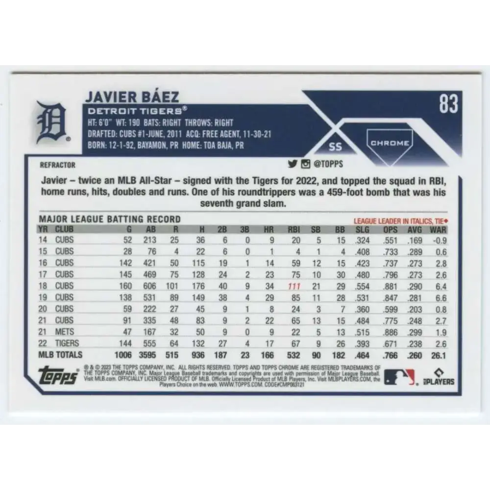 2023 Topps Chrome Refractor #83 Javier Baez NM-MT Detroit Tigers Baseball Card - Baseball Card Single