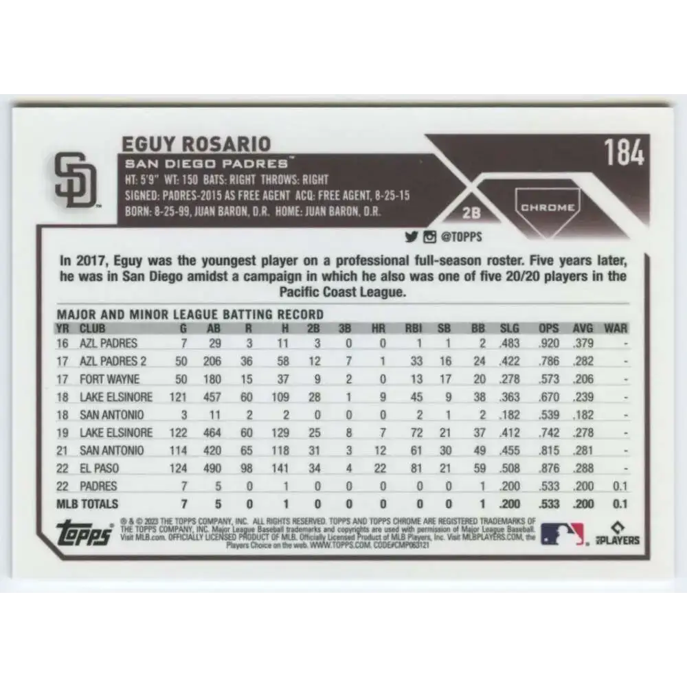 2023 Topps Chrome Refractor Pink #184 Eguy Rosario NM-MT RC Rookie San Diego Padres Baseball Card - Baseball Card Single