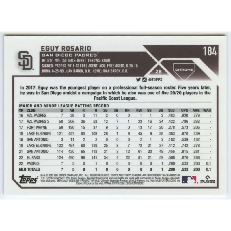 2023 Topps Chrome Refractor Pink #184 Eguy Rosario NM-MT RC Rookie San Diego Padres Baseball Card - Baseball Card Single