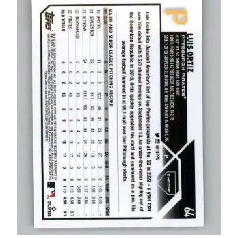 2023 Topps Chrome Refractor Pink #64 Luis Ortiz NM-MT RC Rookie Pittsburgh Pirates Baseball Card - Baseball Card Single