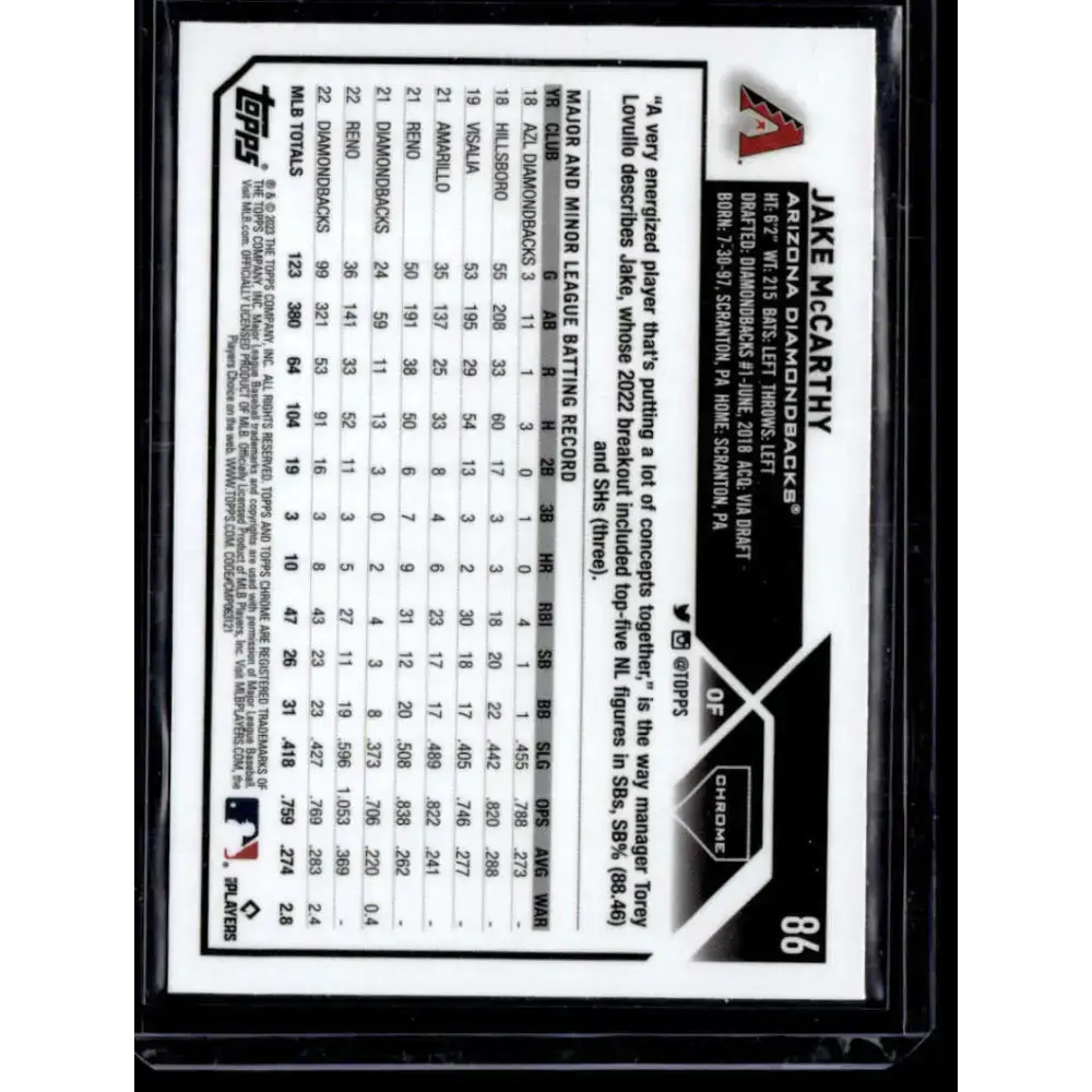 2023 Topps Chrome Refractor Pink #86 Jake McCarthy NM-MT Arizona Diamondbacks Baseball Card - Baseball Card Single