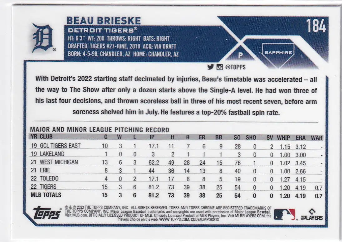 2023 TOPPS CHROME SAPPHIRE #184 BEAU BRIESKE- DETROIT TIGERS - Baseball Card Single