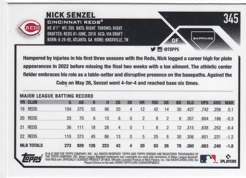 2023 TOPPS CHROME SAPPHIRE #345 NICK SENZEL- CINCINNATI REDS - Baseball Card Single