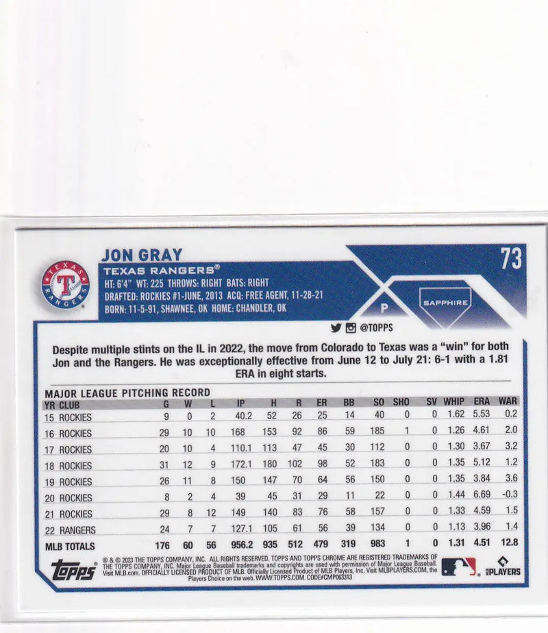 2023 TOPPS CHROME SAPPHIRE #73 JON GRAY- TEXAS RANGERS - Baseball Card Single