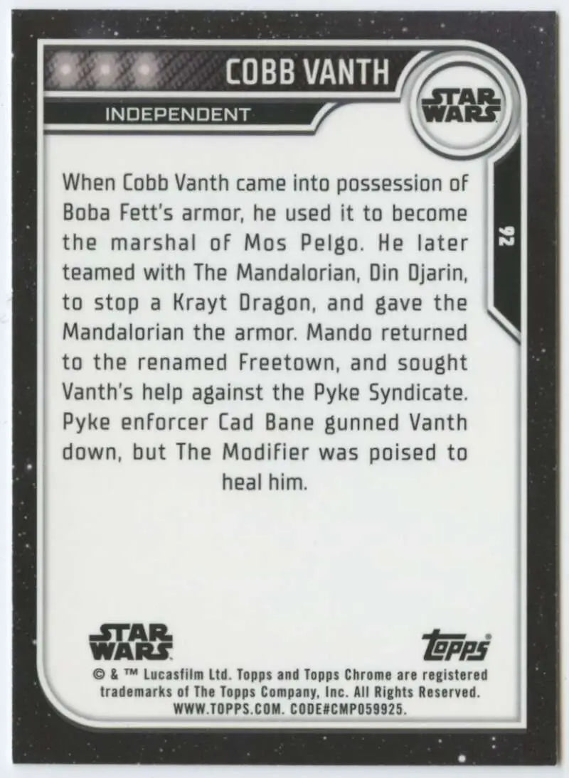 2023 Topps Chrome Star Wars #92 Timothy Olyphant as Cobb Vanth NM-MT NonSport Card - Star Wars Card Single