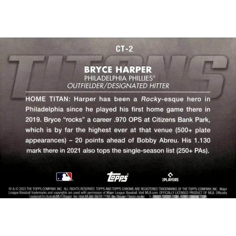 2023 Topps Chrome Titans Refractor #CT-2 Bryce Harper NM-MT Philadelphia Phillies Baseball Card - Baseball Card Single