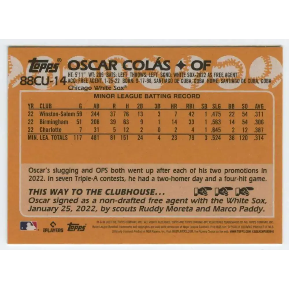 2023 Topps Chrome Update 1988 Baseball Refractor #88CU-14 Oscar Colas NM-MT Chicago White Sox Baseball Card - Baseball