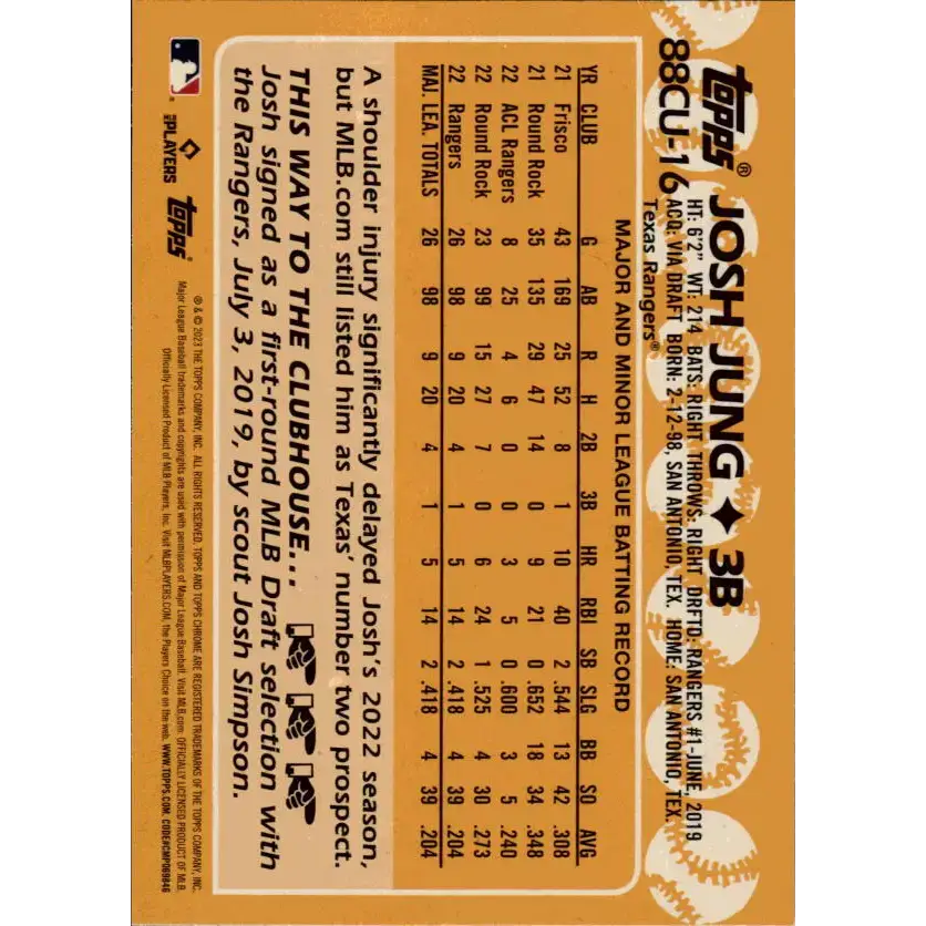 2023 Topps Chrome Update 1988 Baseball Refractor #88CU-16 Josh Jung NM-MT Texas Rangers Baseball Card - Baseball Card