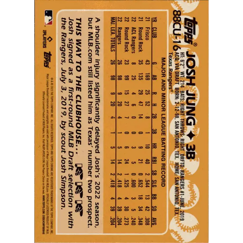 2023 Topps Chrome Update 1988 Baseball Refractor #88CU-16 Josh Jung NM-MT Texas Rangers Baseball Card - Baseball Card