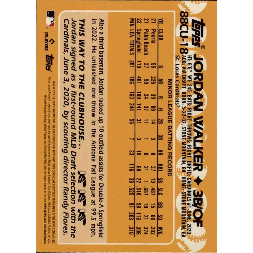 2023 Topps Chrome Update 1988 Baseball Refractor #88CU-18 Jordan Walker NM-MT St. Louis Cardinals Baseball Card