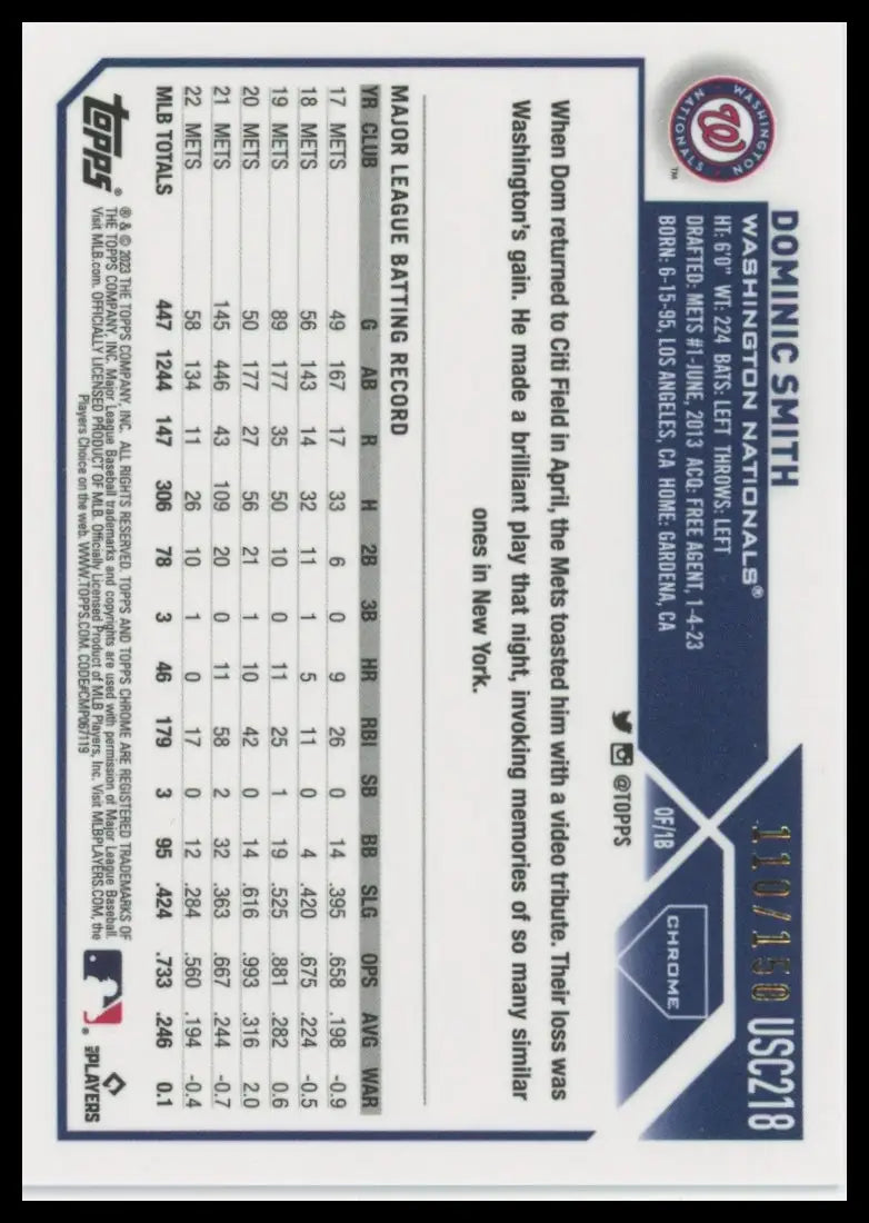 2023 Topps Chrome Update - Blue Refractors Dominic Smith USC218 /150 NM - Baseball Card Single