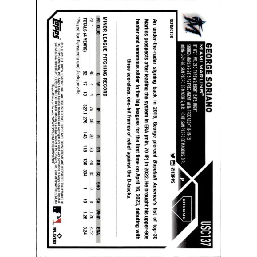 2023 Topps Chrome Update Refractor #USC137 George Soriano NM-MT RC Rookie Miami Marlins Baseball Card - Baseball Card