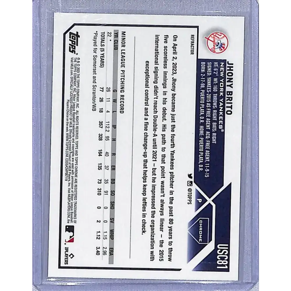 2023 Topps Chrome Update Refractor #USC81 Jhony Brito NM-MT RC Rookie New York Yankees Baseball Card - Baseball Card