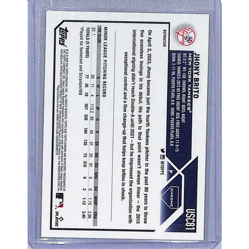 2023 Topps Chrome Update Refractor #USC81 Jhony Brito NM-MT RC Rookie New York Yankees Baseball Card - Baseball Card