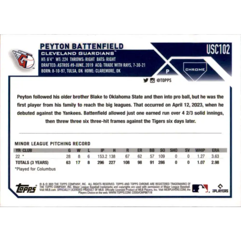 2023 Topps Chrome Update #USC102 Peyton Battenfield NM-MT RC Rookie Cleveland Guardians Baseball Card - Baseball Card