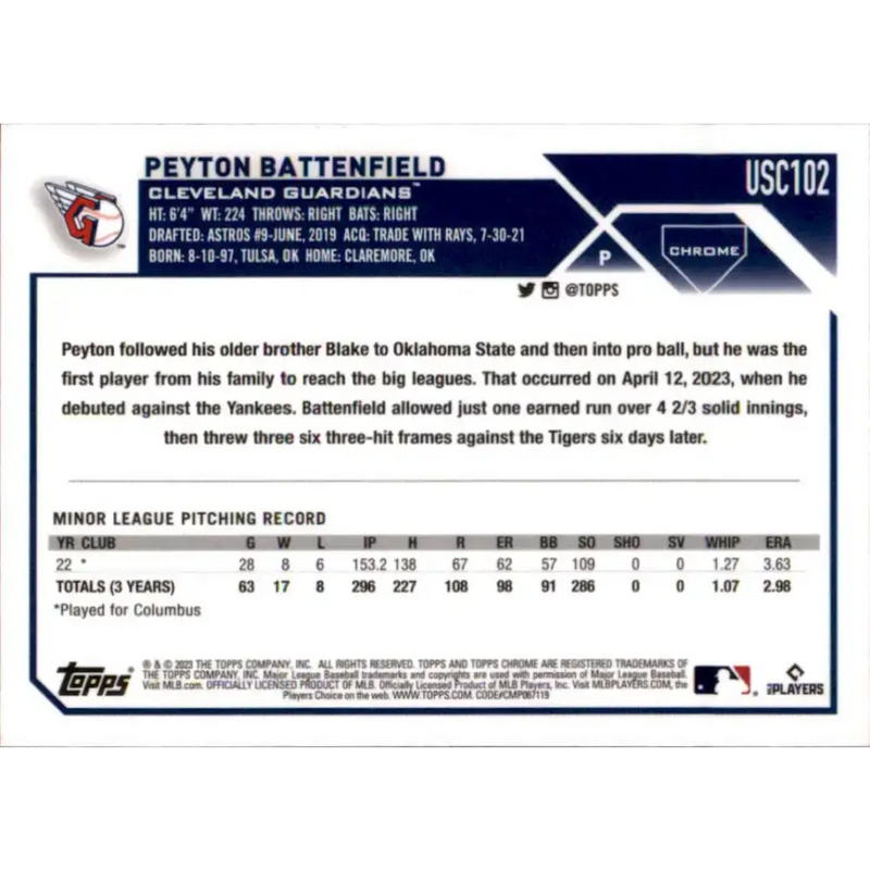 2023 Topps Chrome Update #USC102 Peyton Battenfield NM-MT RC Rookie Cleveland Guardians Baseball Card - Baseball Card