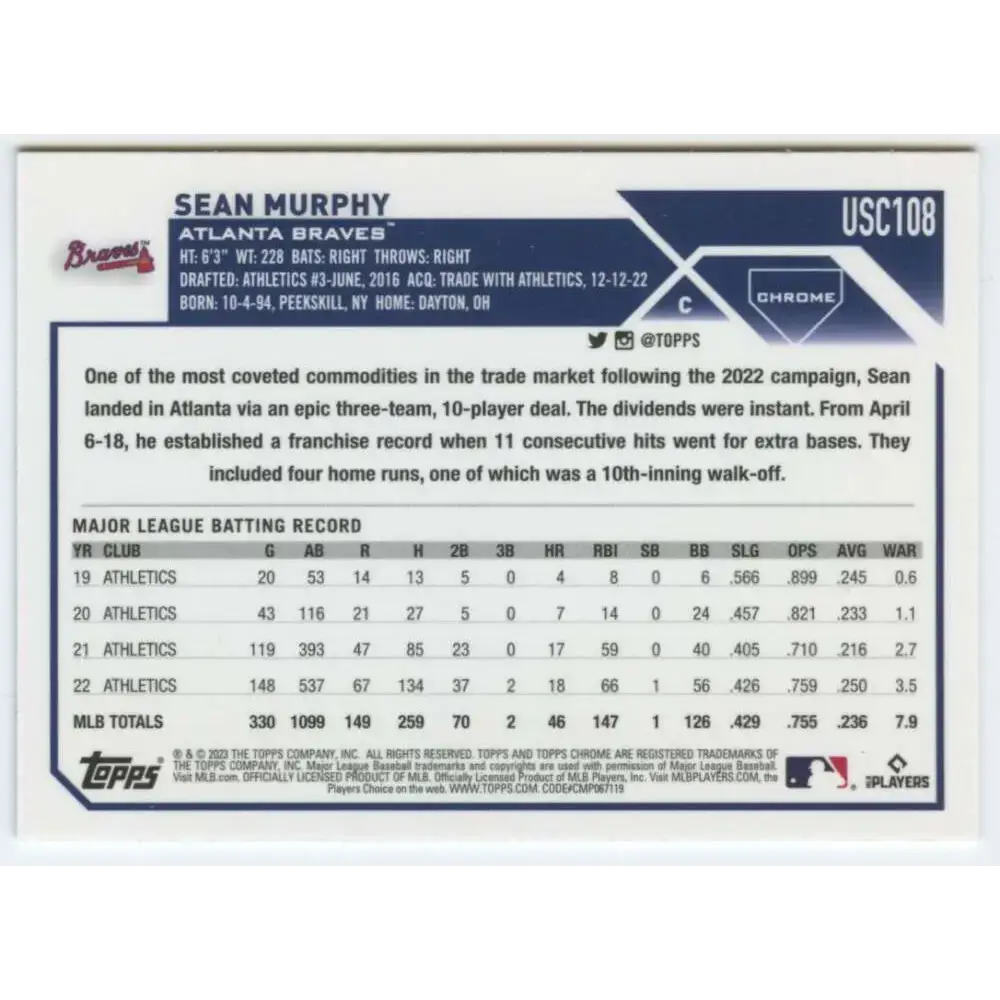 2023 Topps Chrome Update #USC108 Sean Murphy NM-MT Atlanta Braves Baseball Card - Baseball Card Single