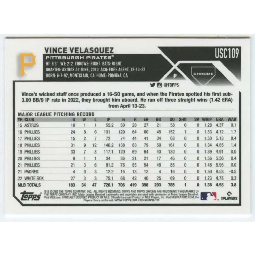 2023 Topps Chrome Update #USC109 Vince Velasquez NM-MT Pittsburgh Pirates Baseball Card - Baseball Card Single