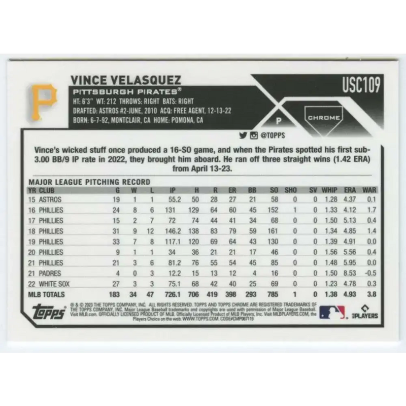 2023 Topps Chrome Update #USC109 Vince Velasquez NM-MT Pittsburgh Pirates Baseball Card - Baseball Card Single