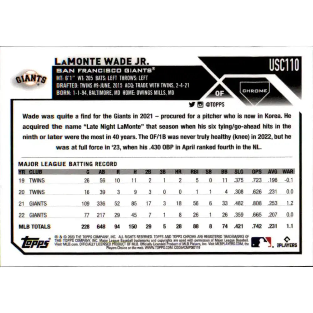 2023 Topps Chrome Update #USC110 LaMonte Wade Jr. NM-MT San Francisco Giants Baseball Card - Baseball Card Single
