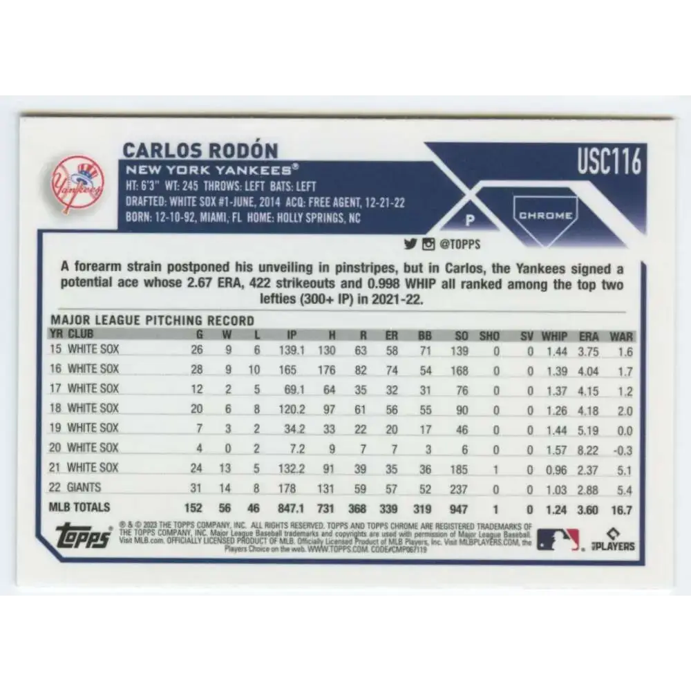 2023 Topps Chrome Update #USC116 Carlos Rodon NM-MT New York Yankees Baseball Card - Baseball Card Single